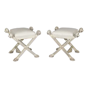 Pair of Creme Painted French Regency Style Lion Head Carved X Form Stools