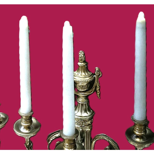 1950s Large French Louis XVI Style Bronze Three-Arm Wall Sconces, 1950s, Set of 2 For Sale - Image 5 of 18