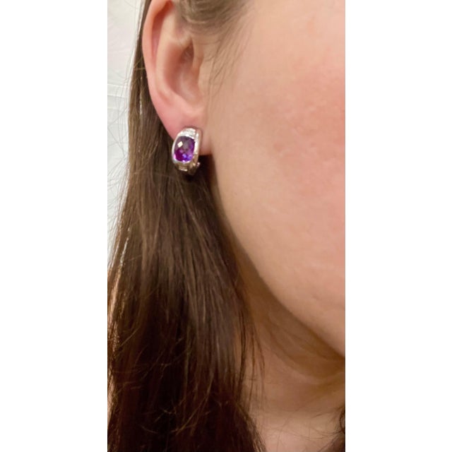 6 Carat Amethyst and Diamond 14 Karat White Gold Earrings, Omega Back For Sale - Image 13 of 18