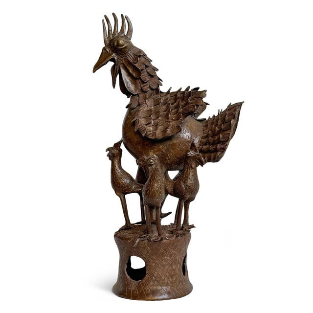 Vintage bronze Benin chicken statue with four baby chicks all on attached pedestal. The chicken/rooster in Benin...