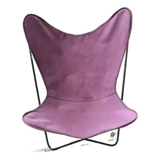 Mid-Century Modern Hardoy Style Welded Solid Wrought Iron BKF Butterfly Chair With Purple Canvas Seat For Sale