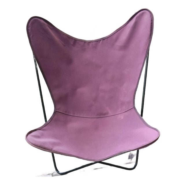 Mid-Century Modern Hardoy Style Welded Solid Wrought Iron BKF Butterfly Chair With Purple Canvas Seat For Sale