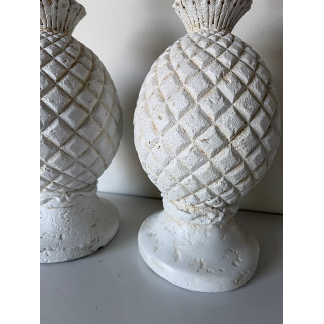White Vintage Coastal Plaster Pineapple Table Lamps – A Pair For Sale - Image 8 of 13