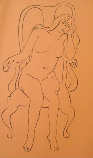 Helen Sewell Rennie Mid-Century "Sleeping Figure in Chair" Ink Drawing