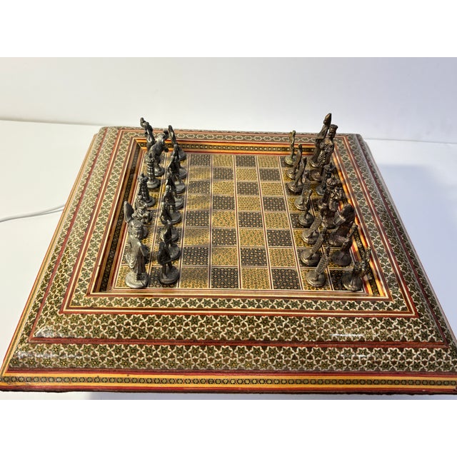Vintage Persian Khatam Marquetry Chess Set With Figural Metal Pieces, Circa 1950 For Sale - Image 14 of 18