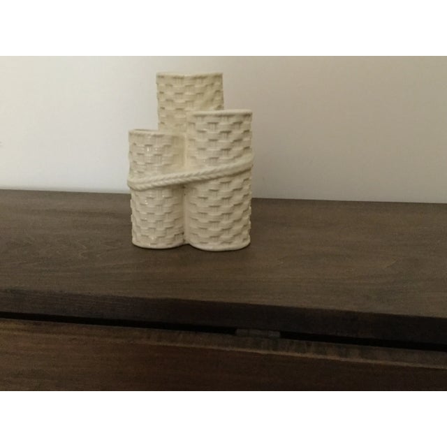 Early 20th Century Vintage White Ceramic 3 in 1 Basket Weave and Rope Motif Vase, Made in Japan For Sale - Image 5 of 11