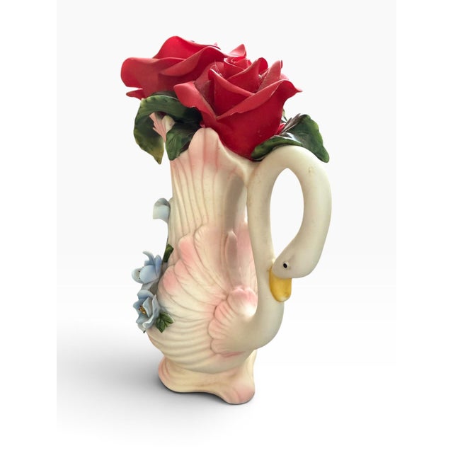 Vintage Classic Treasures Swan Vase With Porcelain Red Roses, 8” For Sale - Image 4 of 6