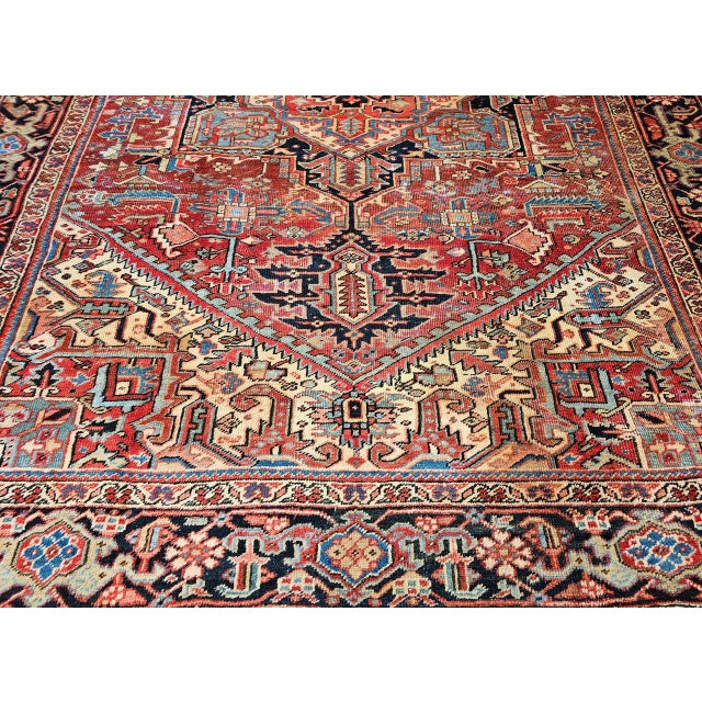 19th Century Persian Heriz Serapi Rug, Hand-Knotted Wool, Geometric Pattern, Red & Green Vegetable Dyes, 9x12 For Sale - Image 9 of 13