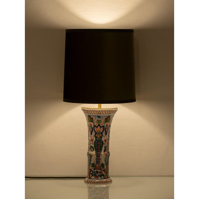 Dutch Delft Table Lamps with New Olive Velvet Drum Lampshades by Makkum, 1940s, Set of 2 For Sale - Image 11 of 17