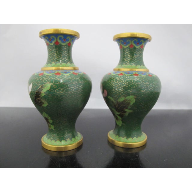 Early 20th Century Miniature Chinese Green Flower Gilt Cloisonne Vase Pair For Sale - Image 5 of 10