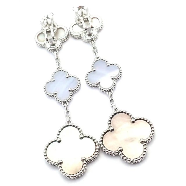 Metal Van Cleef & Arpels White Gold Magic Alhambra Mop Chalcedony Earrings, Pair For Sale - Image 7 of 11