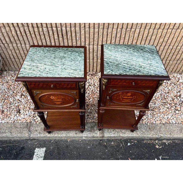 Pair Louis XVI Style Ormolu Mounted Marquetry Mahogany Marble Top Bedside Tables, 19th Century For Sale - Image 4 of 12