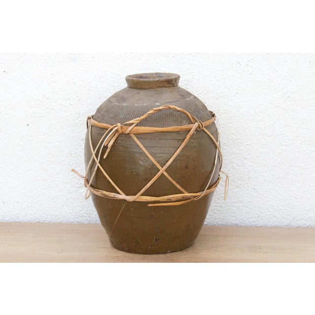 19th Century Antique Asian Stoneware Pot With Rattan Harness For Sale - Image 5 of 10