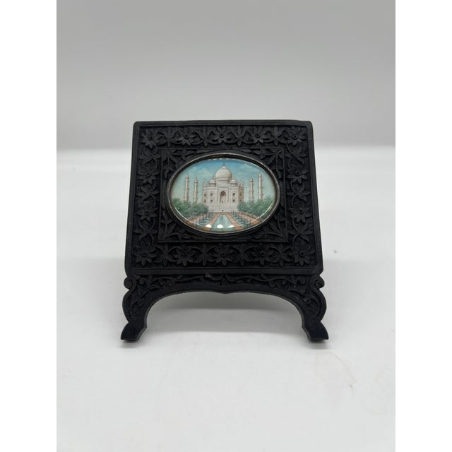 Grand Tour Antique Anglo Indian Grand Tour Era Miniature Taj Mahal Painting in Carved Rosewood Frame For Sale - Image 3 of 5