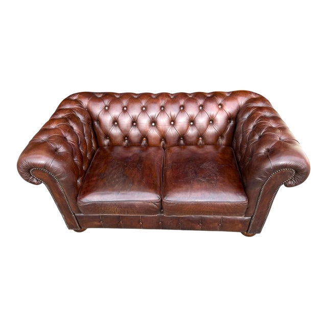 English Love Seat Vintage Chesterfield Leather For Sale - Image 12 of 16