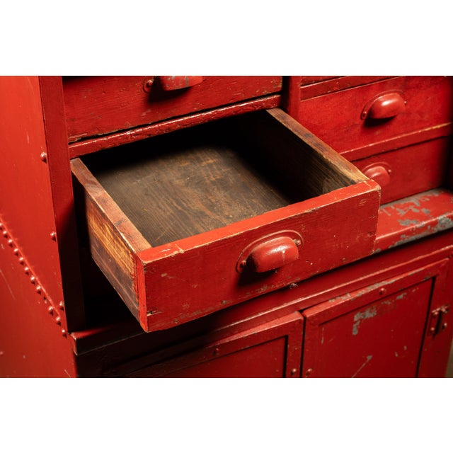 Vintage Industrial Wood and Steel Wheeled Workshop Cabinet For Sale - Image 9 of 11