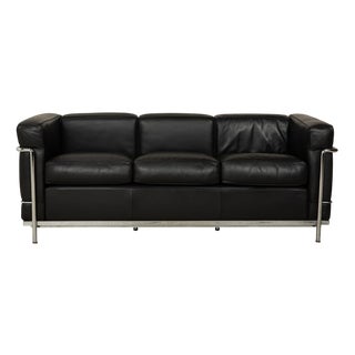 LC 2 3-Seater Sofa in Black Leather by Le Corbusier for Cassina For Sale