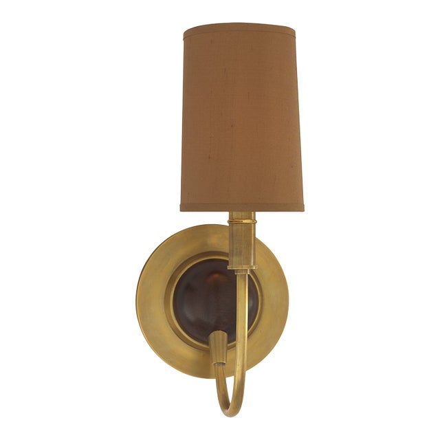 Thomas O'Brien for Visual Comfort Signature Elkins Sconce in Hand-Rubbed Antique Brass & Chocolate Wood Finish with Fawn Silk Shade For Sale