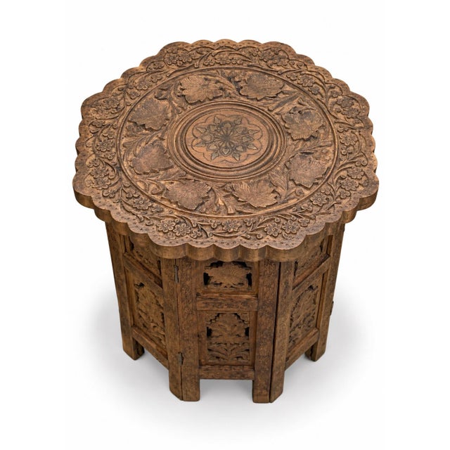 19th Century Antique Middle Eastern Octagonal Carved Side Table with Brass Inlay, 1890s For Sale - Image 5 of 8