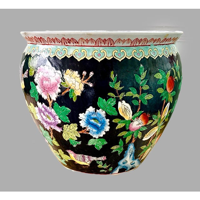 Large Hand-Painted Chinese Porcelain Planter, 15” W x 12” H 1970’s Chinese porcelain planter featuring a rich black ground...