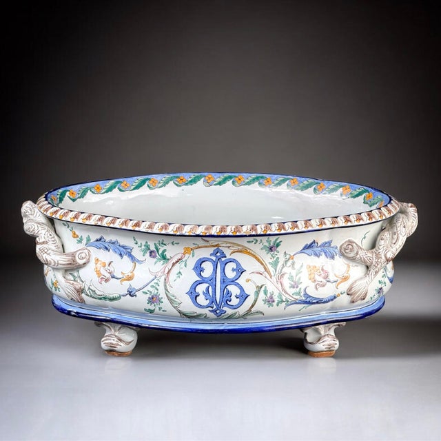 Antique French Hand Painted Faience Jardiniere with Tree Branch Handles, 1880s For Sale - Image 11 of 11