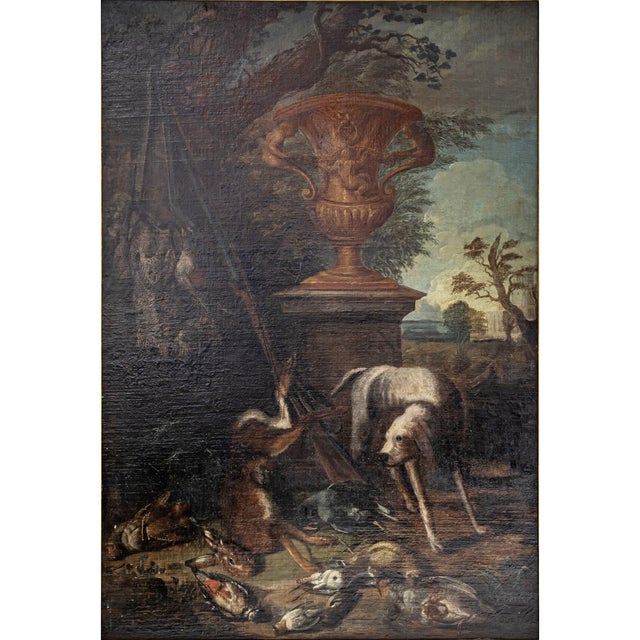 Baroque Artist, Hunting Still Life with Dog, 18th Century, Large Oil on Canvas, Framed For Sale - Image 14 of 14