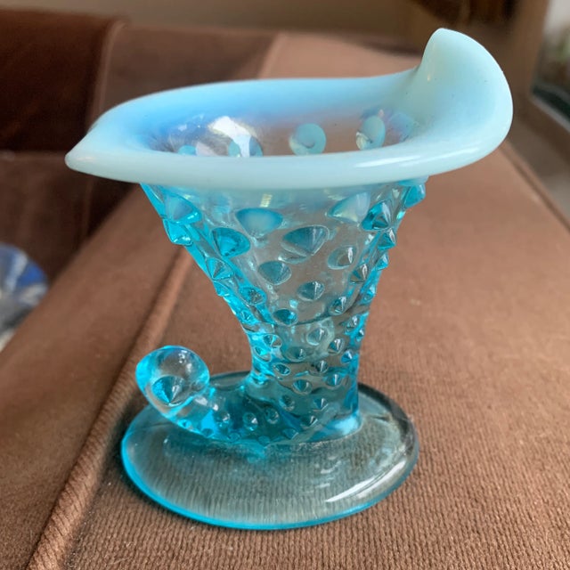 Small Vintage Blue and Opalescent Hobnail Glass Cornucopia Horn For Sale - Image 13 of 13