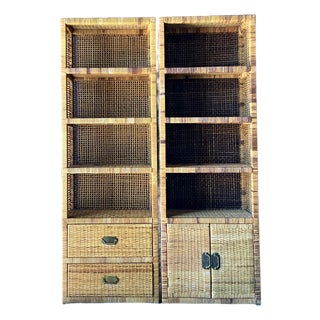 Vintage Boho Woven Rattan Campaign Etagere - A Pair For Sale