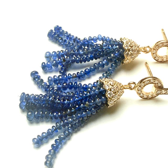 14k Yellow Gold Natural Ceylon Sapphire & Diamond Pavé Tassel Earrings 32 Ct, Pair For Sale - Image 10 of 10