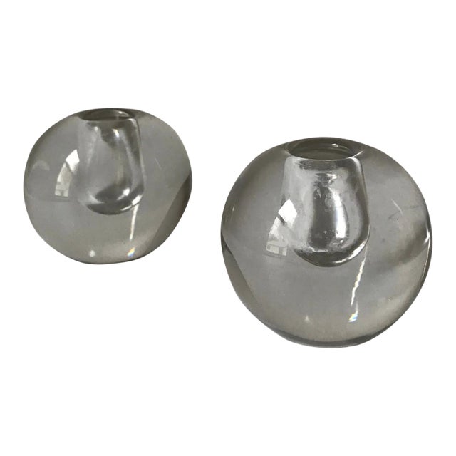 Signed Swedish Vintage Orrefors Crystal Spherical Candle Holder Pair For Sale