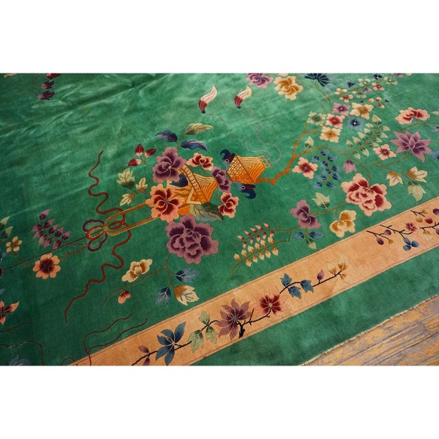 1920s Antique Large Room Size Chinese Hand Knotted Pile Green Field Art Deco Rug For Sale In New York - Image 6 of 6