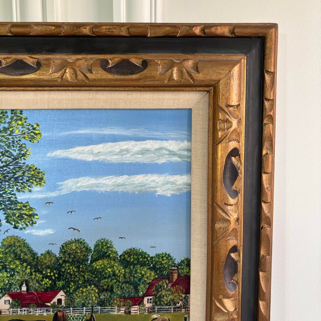 Mid 20th Century Signed American Folk Art Horse Farm Landscape Oil on Canvas Framed Painting For Sale - Image 9 of 11