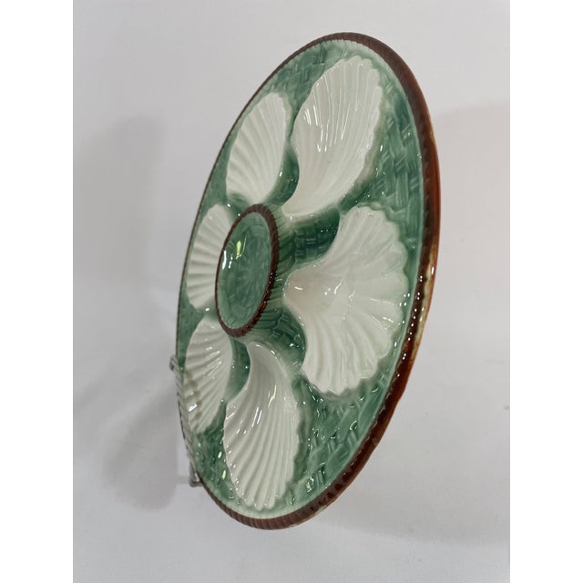 1930s French Longchamp Green and White Majolica Oyster Plate For Sale - Image 10 of 14
