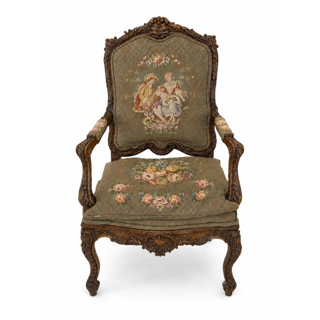 Ornate French Louis XV–Style Carved Wood Armchair With Floral Tapestry Upholstery For Sale - Image 4 of 15