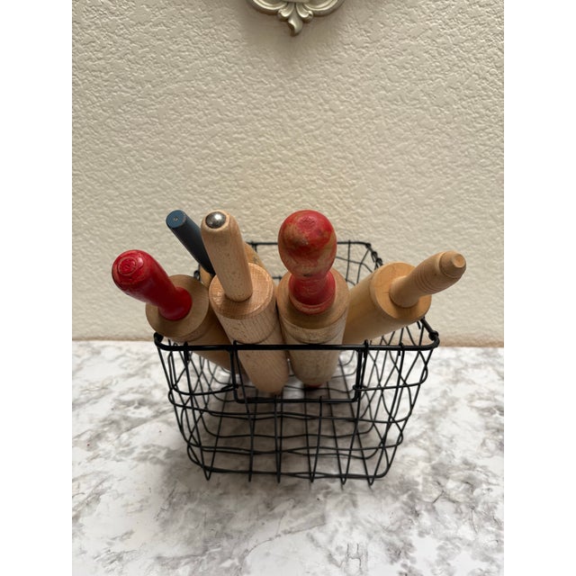 1950s Vintage Rustic Wood Set of Assorted Rolling Pins, Set of Six With Black Metal Basket For Sale - Image 5 of 10