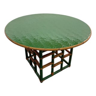 Vintage Green Faux Bamboo & Rattan Round Coffee Table For Sale