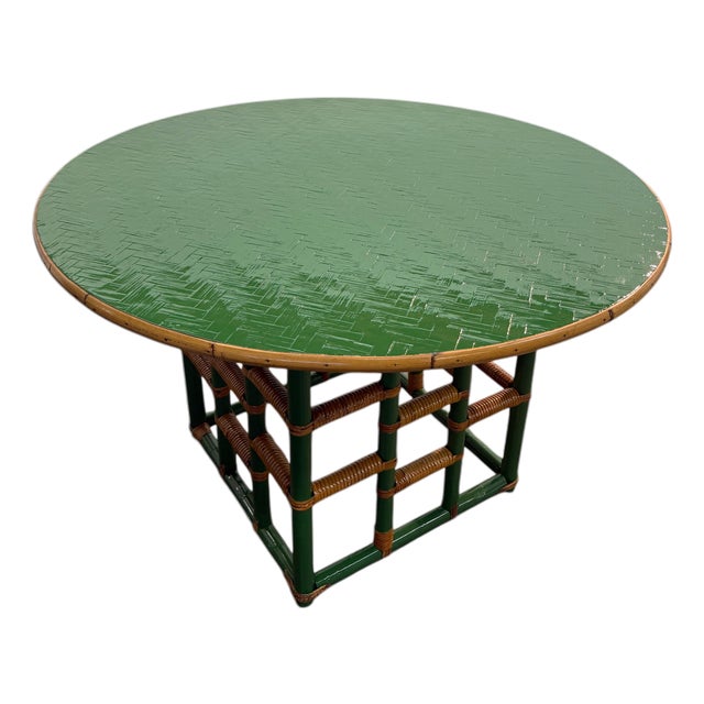 Vintage Green Faux Bamboo & Rattan Round Coffee Table For Sale