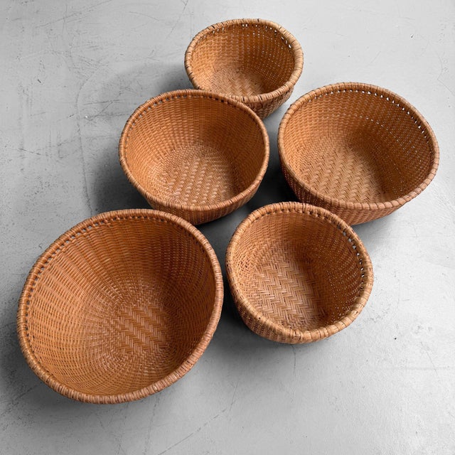 Brown Vintage Japanese Bamboo Baskets, 1980s, Set of 5 For Sale - Image 8 of 12
