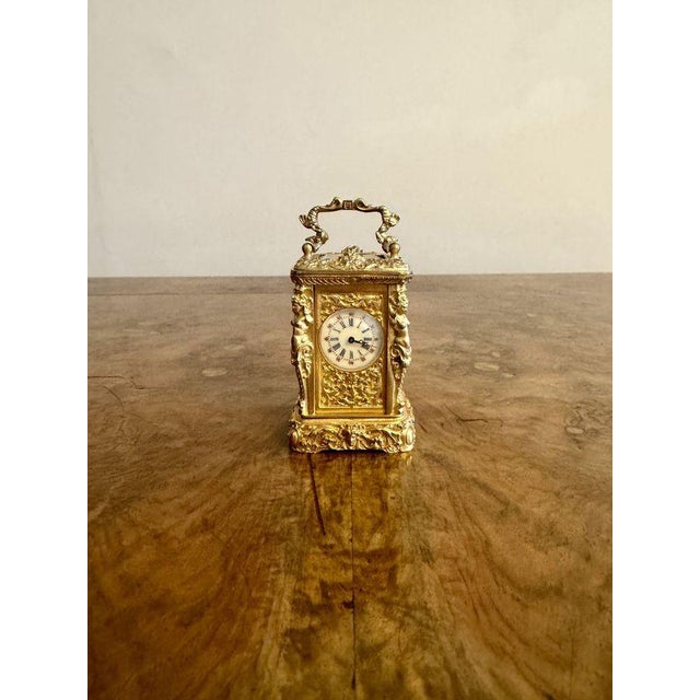 Antique Victorian Ornate Brass Miniature Carriage Clock, 1890 For Sale - Image 3 of 7
