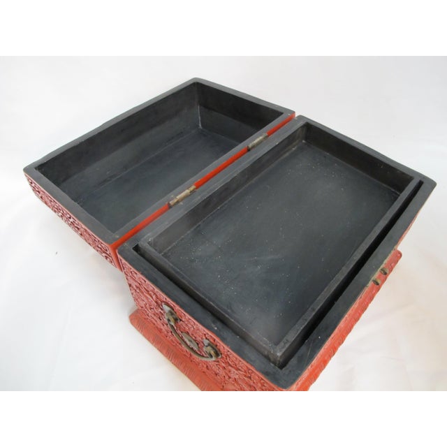 Large Chinese Cinnabar Lacquer Heavily Carved Dragon Motif Wood Box Chest For Sale - Image 9 of 16