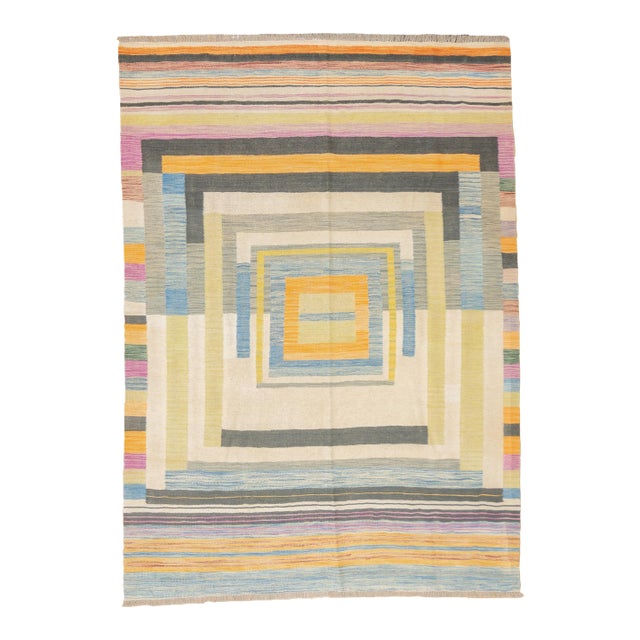 Fine Contemporary Turkish Kilim Flat Weave Wool Rug 5'8" X 8'0" For Sale
