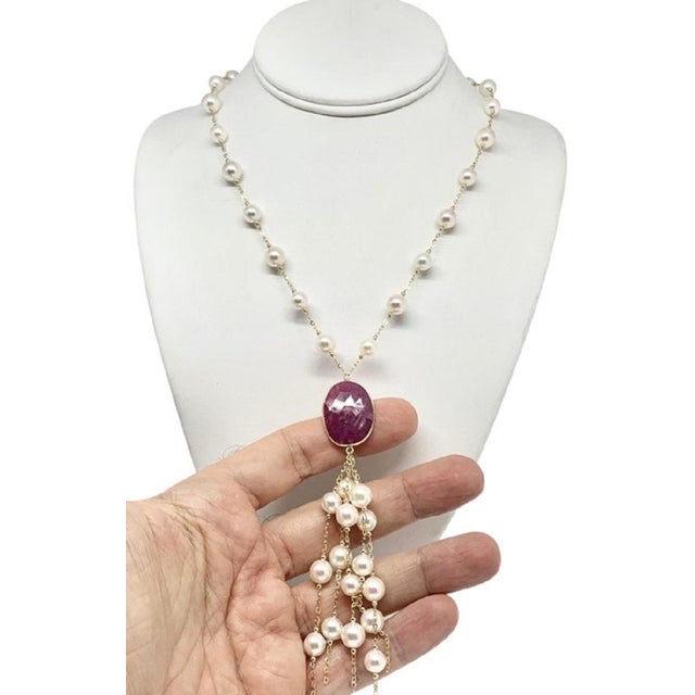 Traditional Akoya Pearl Ruby Necklace 14k Gold Italy Certified For Sale - Image 3 of 8