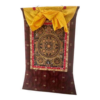 Mid 19th Century Tibetan Thangka Featuring Buddhas in Various Mudras Painted on Silk Board Mounted and Matted For Sale