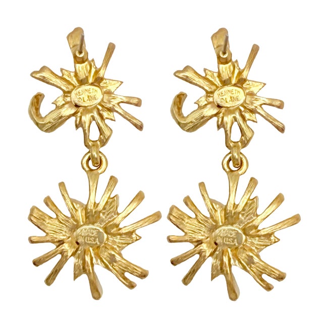 Kenneth Jay Lane Designer Gold Swarovski Crystal Starburst Drop Post Earrings, A Pair For Sale - Image 9 of 11