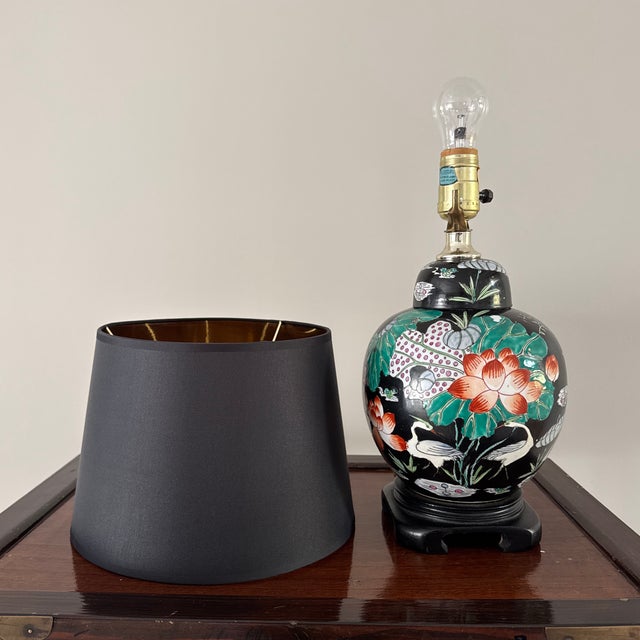 Textile Vintage Chinese Ginger Jar Table Lamp With Cranes & Lilies - 16” For Sale - Image 7 of 11
