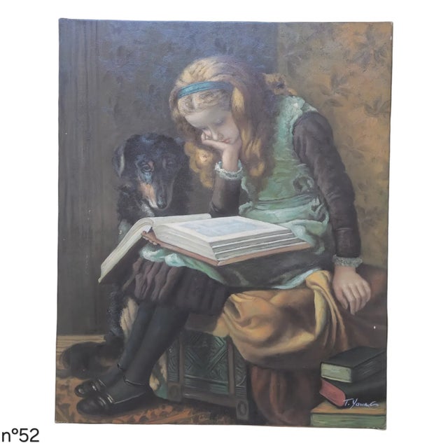 Oil on canvas, signed T. Young, circa late 20th century. Depicting a young girl seated with an open book beside a black...