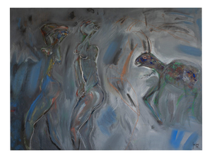 Jordi Samsó, Figures and Hare Abstract Figuration, Oil Painting