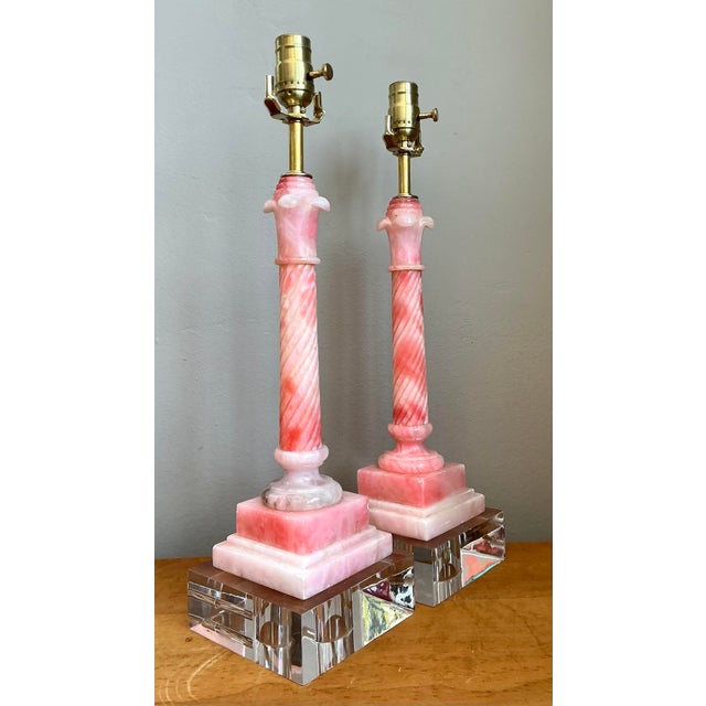 Metal Vintage Pink Marble Carved Column Lamps - A Pair For Sale - Image 7 of 12