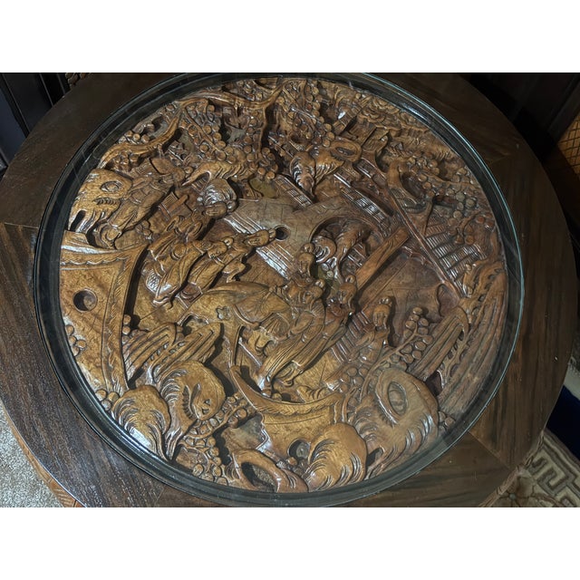 Mid-20th Century Hand-Carved Chinese Low Tea Table Set With 4 Nesting Stools & Matching Folding Screen - 6 Pieces For Sale - Image 10 of 12