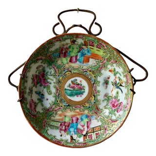 Antique Chinese Famille Rose Porcelain Bowl in Wrought Iron Wall Mount For Sale